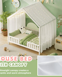 Montessori Floor Bed With Canopy, Full Bed Frame For Kids, House Shape Kids Bed Frame With High Railings, Wood Kids Bed With Roof, Kid Full Bed, White