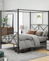 Metal Canopy Bed Frame, Platform Bed Frame With X Shaped Frame Full Black