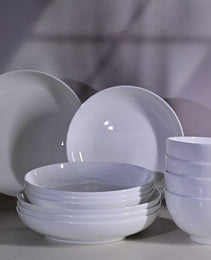 Setaria Bone China Dinnerware Set, 12 Pieces, Service For 4, Plates, Dishes, Bowls Set, Microwave And Dishwasher Safe, Ivory White With Narrow Curve Stripe