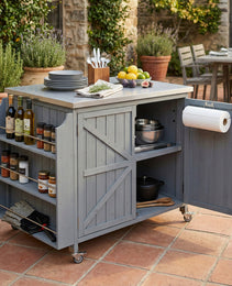 K&K 42.1  Outdoor Kitchen Island With Side Shelf, Outdoor Grill Cart With Storage Cabinet, Outdoor Kitchen Cabinet With Stainless Steel Top,  Adjustable Shelf And 4  Wheels For Pizza Prep, Grey Blue