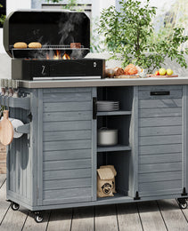 K&K 78.3  Outdoor Kitchen Island With Foldable Grill Table, Wooden Outdoor Grill Cart With Trash Can Storage & Stainless Steel Top, Outdoor Bar Cart, Pizza Oven Table For Lawn & Garden, Grey Blue