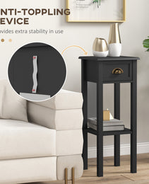 2-Tier Side Tables Set of 2 with Drawer and Shelf, 2 Pieces End Tables for Living Room and Hallway, Black