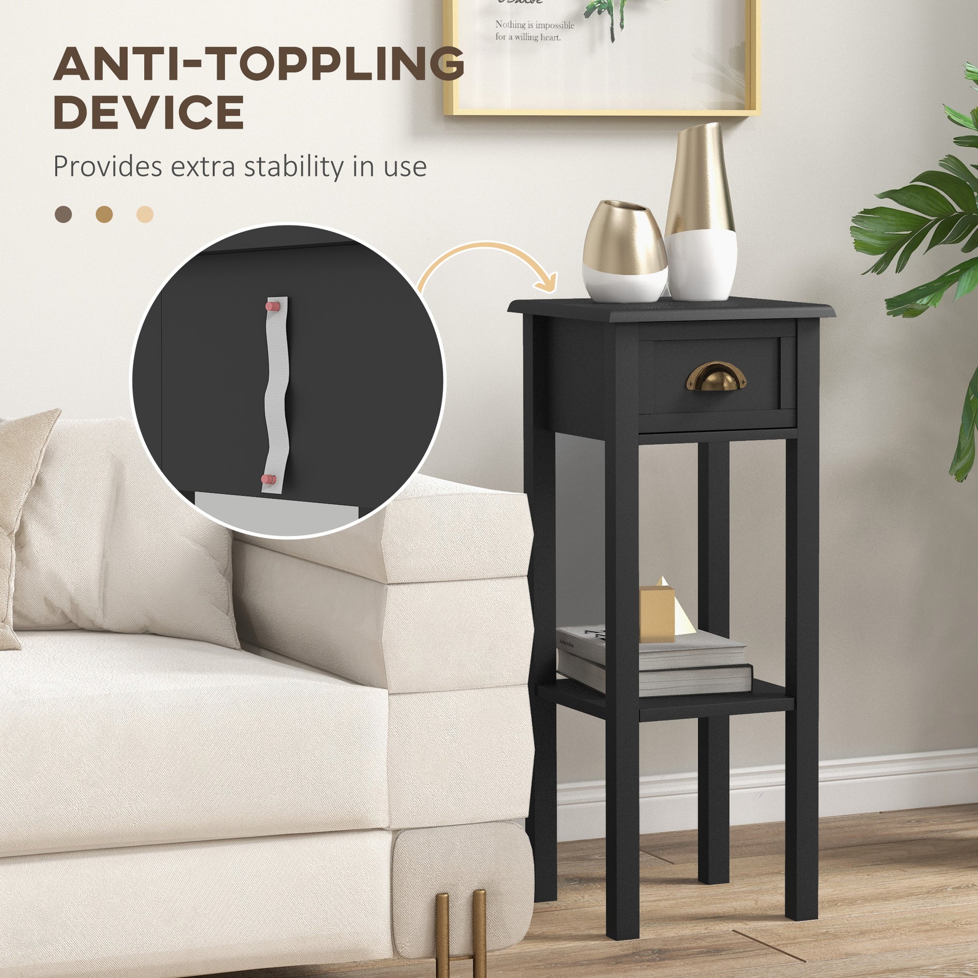 2-Tier Side Tables Set of 2 with Drawer and Shelf, 2 Pieces End Tables for Living Room and Hallway, Black