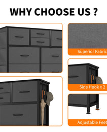 10-Drawer Dresser With Side Pocket & Hooks, Storage Cabinet With Wood Top For Bedroom Closet Organization