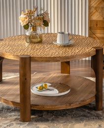 Round Coffee Table With Solid Wood For Living Room, 2-Tier Round Coffee Table With Storage Shelf, Mid Century Modern Coffee Table , Home Small Space, Easy Assembly
