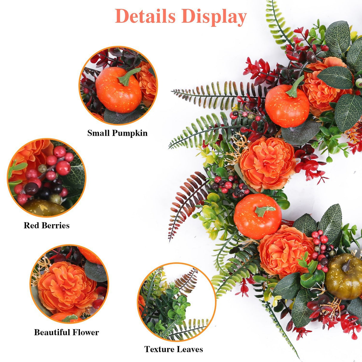 1Pc 17.71IN Autumn Wreath With Pumpkin Mixed Leaves Berries Flowers Fall Decoration For Indoor Outdoor Window Wall Front Door In Halloween Thanks Giving Day - CJDS - FC