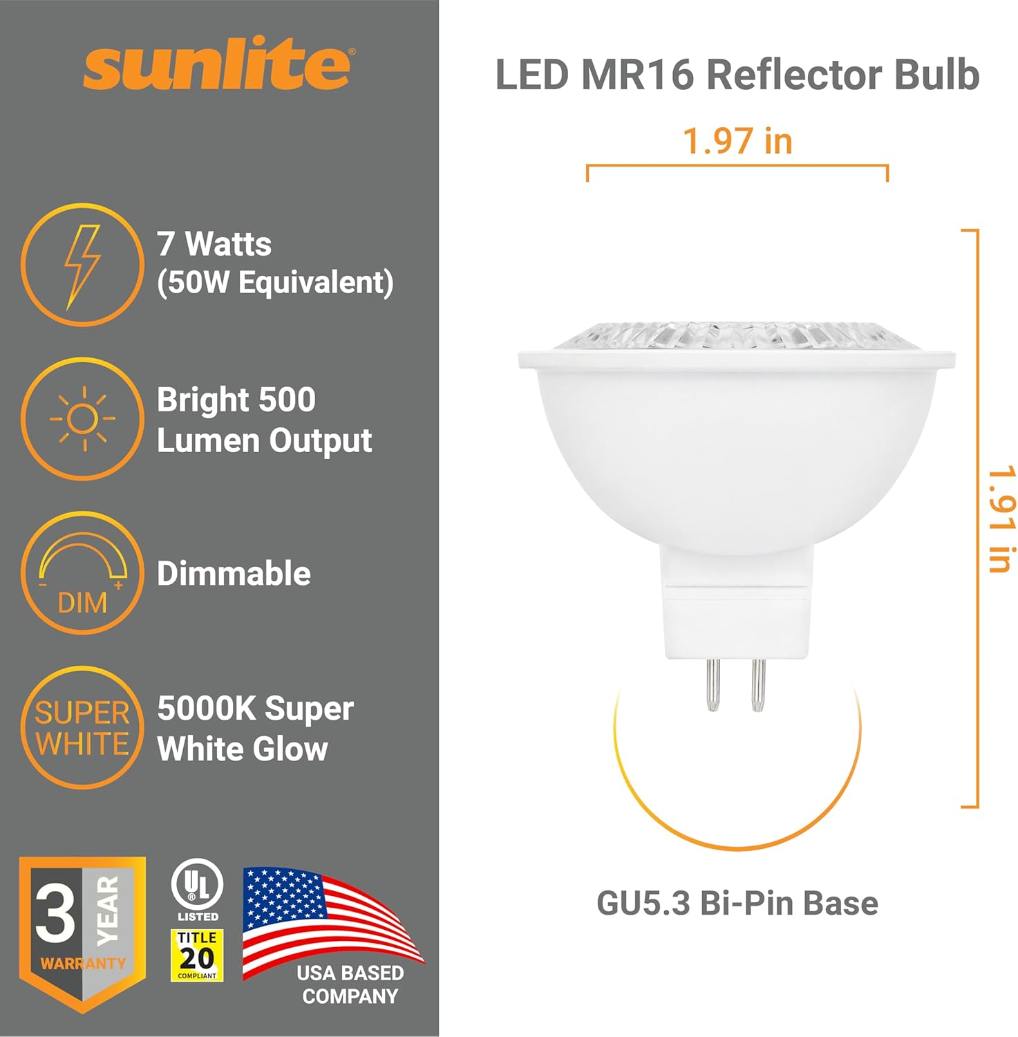 Sunlite LED MR16 Reflector Spotlight Bulb - 6 Watts - 5000K