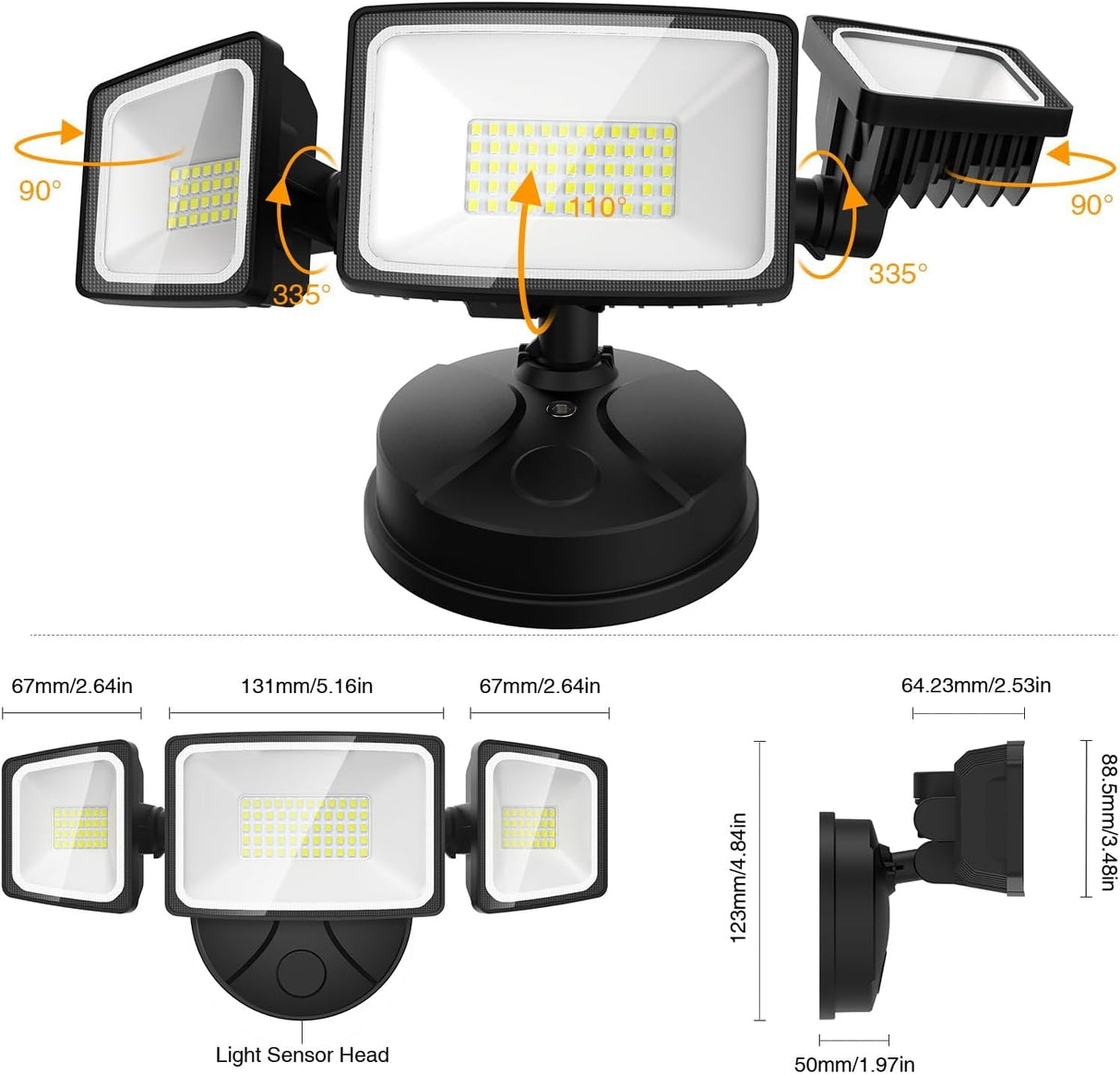 Security Light 3 Heads Black 60W Square CW 6500K AZ