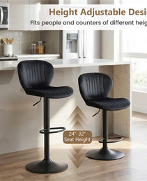 2-Pack Adjustable Height Bar Stools With 360° Swivel, Dutch Velvet Upholstered Bar Chai - Black