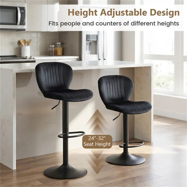 2-Pack Adjustable Height Bar Stools With 360° Swivel, Dutch Velvet Upholstered Bar Chai - Black