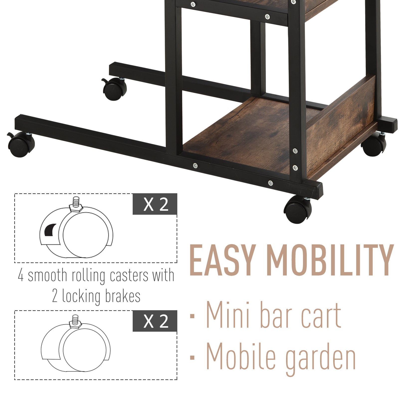 Mobile Nightstand Adjustable 3-Tier C-Shaped Side Table With Casters