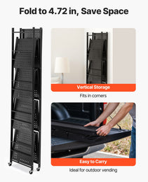 5-Tier Foldable Storage Shelf, 32W X 14D X 72H Inch Folding Metal Rack Shelving Unit, No Assembly Organizer Shelf With 5 Wheels & 4 Hooks For Pantry, Kitchen, Garage, Basement, Black