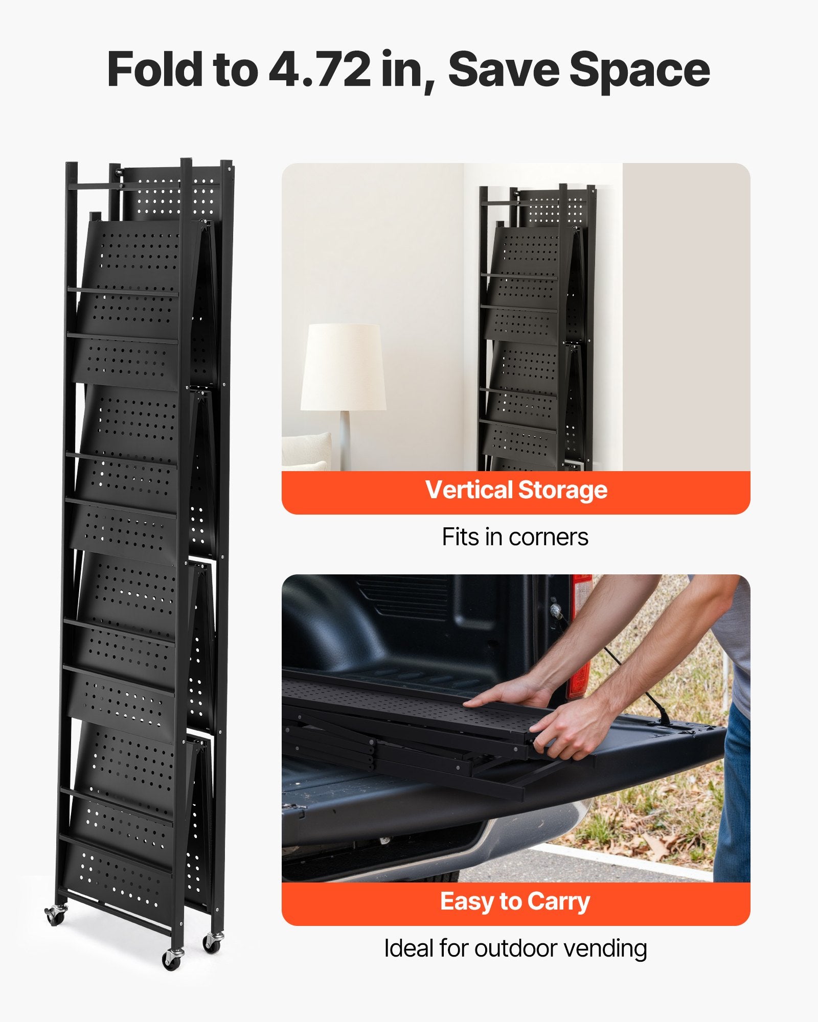 5-Tier Foldable Storage Shelf, 32W X 14D X 72H Inch Folding Metal Rack Shelving Unit, No Assembly Organizer Shelf With 5 Wheels & 4 Hooks For Pantry, Kitchen, Garage, Basement, Black
