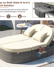 TOPMAX Outdoor Sun Bed Patio 2-Person Daybed With Cushions And Pillows, Rattan Garden Reclining Chaise Lounge With Adjustable Backrests And Foldable Cup Trays For Lawn, Poolside, Beige