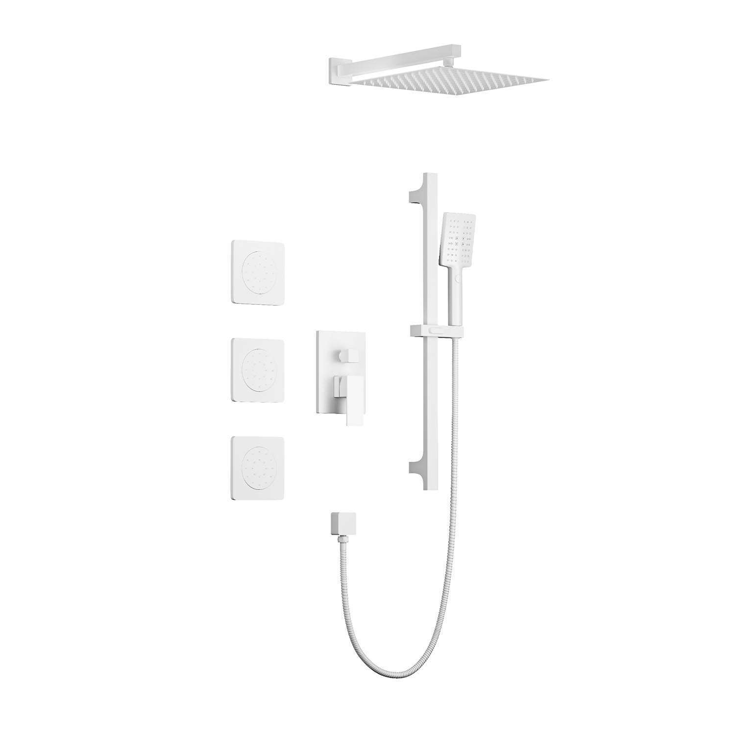 Shower System With Shower Head, Hand Shower, Slide Bar, Bodysprays, Shower Arm, Hose, Valve Trim, And Lever Handles