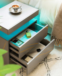 Nightstand LED Bedside Table Cabinet Lights Modern End Side With 2 Drawers For Bedroom Grey Gold