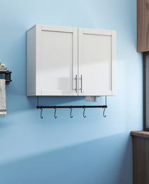 Bathroom Wall Cabinet With Adjustable Shelf, Towel Bar, 5 Hooks, Over The Toilet Storage Cabinet For Bathroom, Kitchen, White
