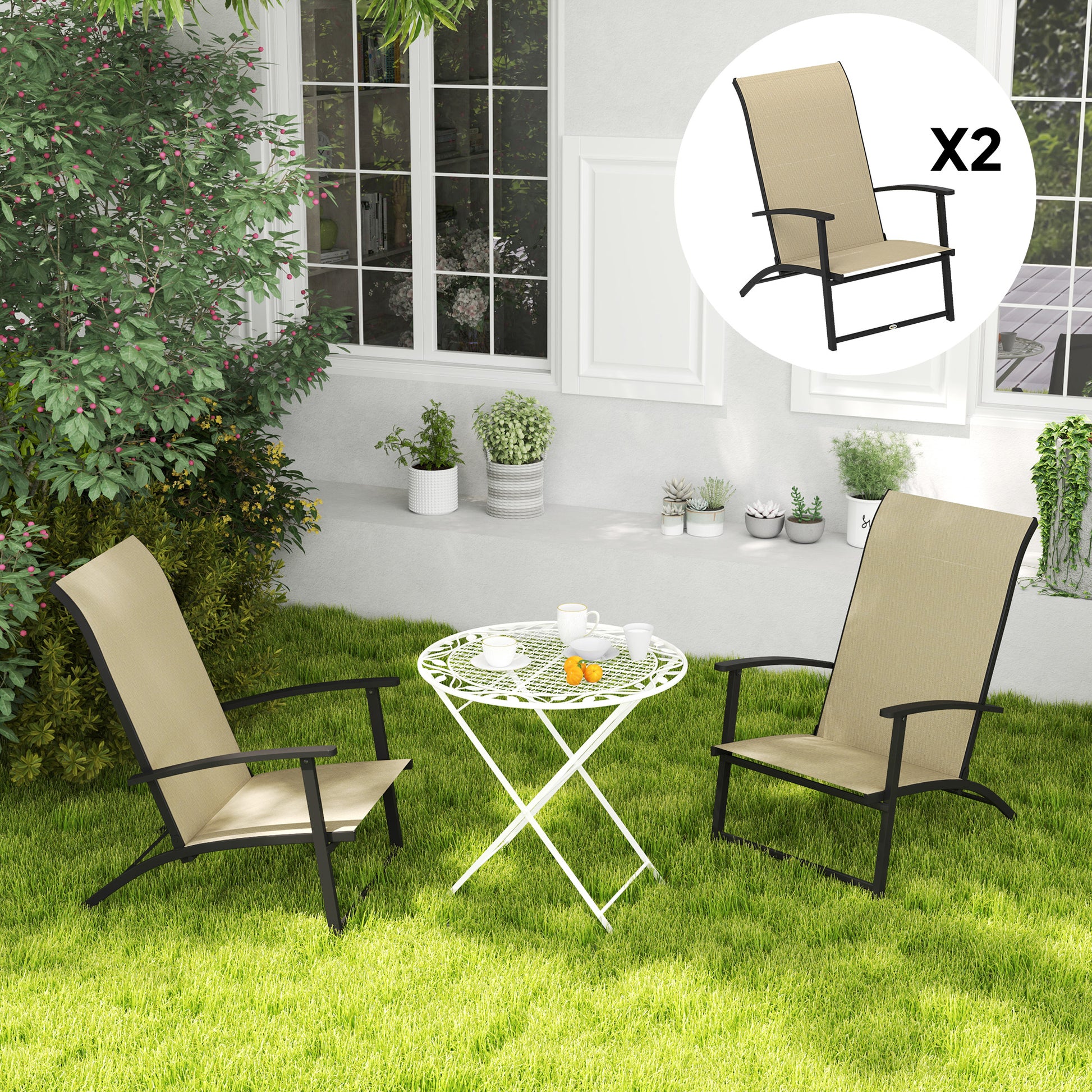 Set of 2 Outdoor Dining Chairs with High Back, Armrests, Folding Patio Chairs for Patio, Lawn, Camping, Beige