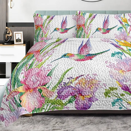3pcs Colorful Bird Flower Design Quilt Set Soft Warm Bedding Set Include 1 Quilt And 2 Pillowcases For Home Bedroom Decor All Season
