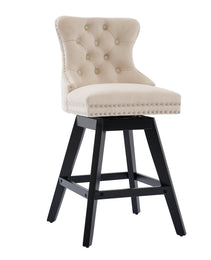 Swivel Velvet Barstools With Button Tufted Decoration And Wooden Legs, And Chrome Nailhead Trim, Leisure Style Bar Chairs,Bar Stools, Set Of 2  Beige,SW1860BG