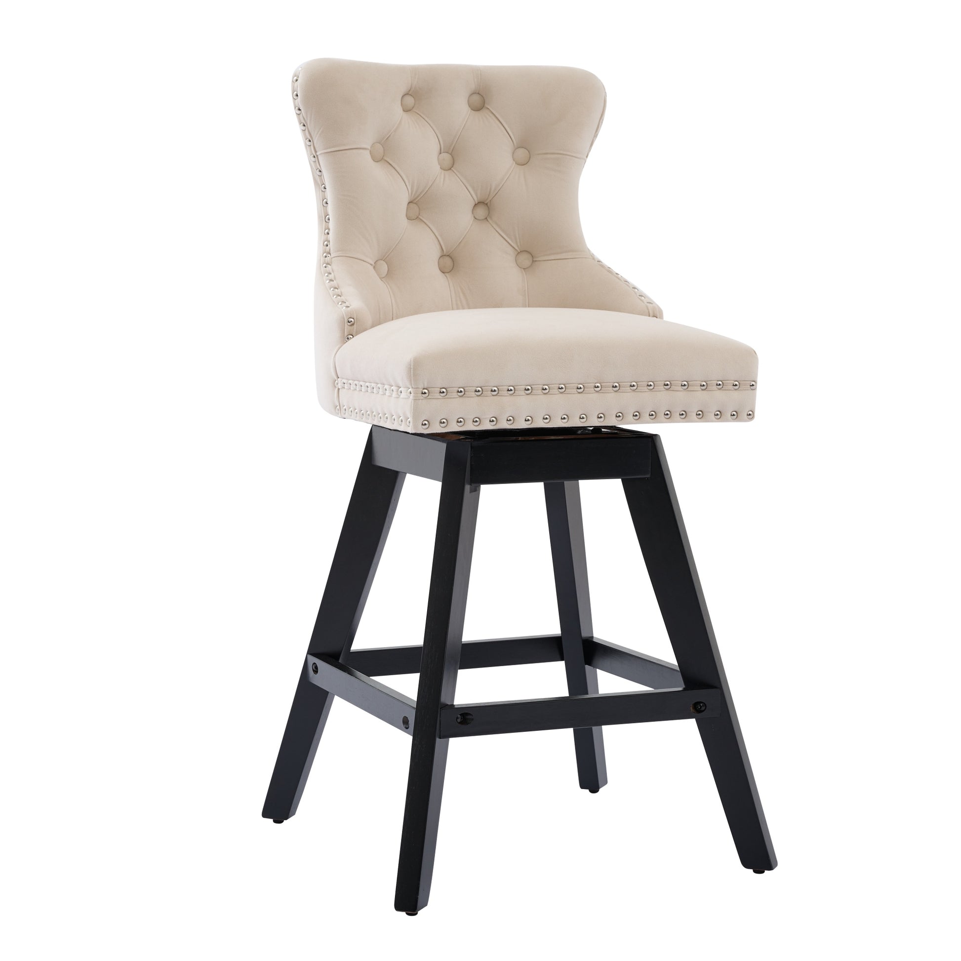 Swivel Velvet Barstools With Button Tufted Decoration And Wooden Legs, And Chrome Nailhead Trim, Leisure Style Bar Chairs,Bar Stools, Set Of 2  Beige,SW1860BG