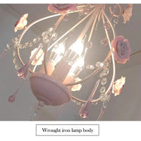 Pink Rose Bouquet Crystal Chandeliers Princess Room Girl Bedroom Decor Lamps Romantic Warm Children's Room Flowers Chandeliers