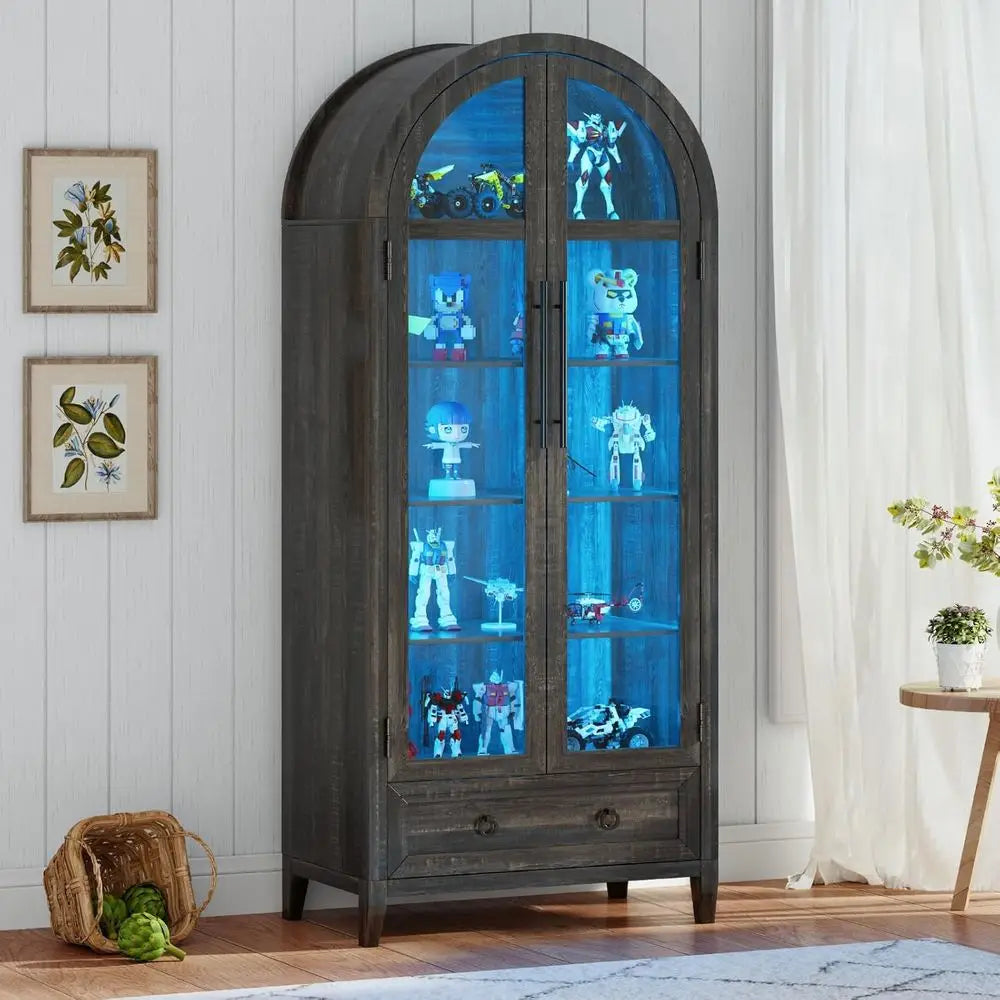 73 Arched Glass Display Cabinet with 4-Tier, Human Body Sensor, LED Lights for Collectibles, Adjustable Shelves, Brown