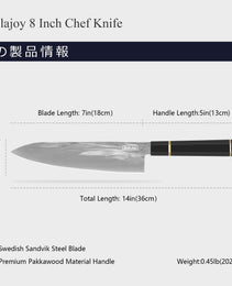 Qulajoy Chef Knife 8 Inch - Hand Forged Swedish Sandvik Steel Gyuto Cooking Knife - Professional Japanese Kitchen Knife - Classic Octagonal Handle