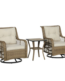 3 Piece Outdoor Bistro Set, Wicker Small Patio Furniture Set With Swivel Glider Chairs For Balcony, Porch, Beige