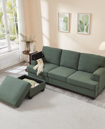 86'' L Shaped Couch With Armrest Organizer,3 Seats Sofas With Movable Ottoman,Comfy Sectional Sofa With Thick Cushion,Linen Sectional Couches For Living Room,Bedroom,Apartment,Dark Green