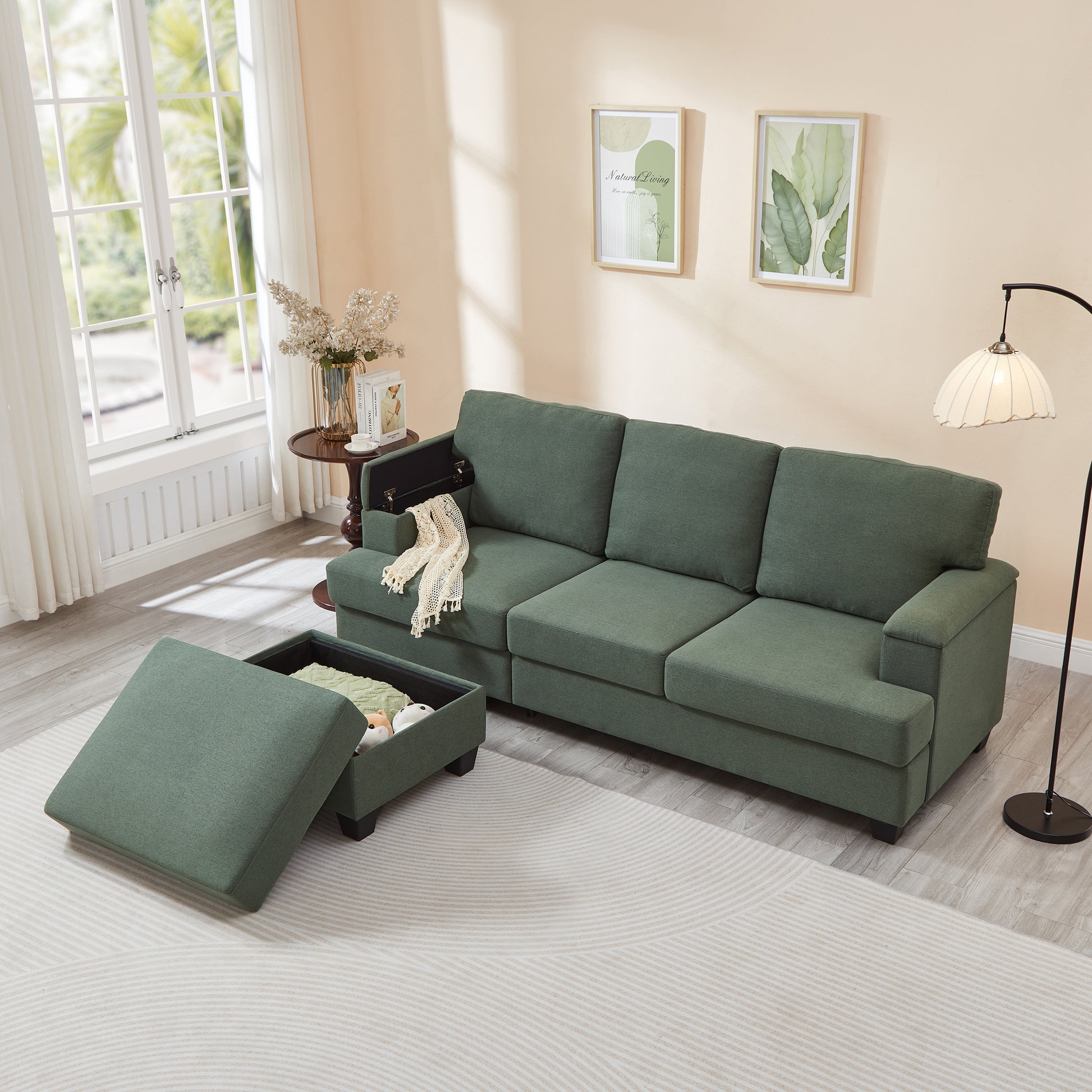 86'' L Shaped Couch With Armrest Organizer,3 Seats Sofas With Movable Ottoman,Comfy Sectional Sofa With Thick Cushion,Linen Sectional Couches For Living Room,Bedroom,Apartment,Dark Green