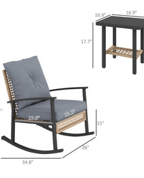 3 Pieces Bistro Set, Patio Wicker Furniture Set with Button Tufted Cushions, Rattan Rocking Chairs, Coffee Table, Gray