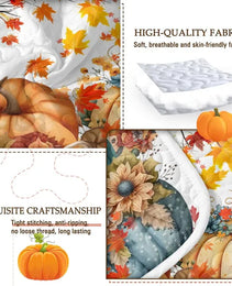 3PCS Colorful Oil Painting Pumpkin Pattern Quilt Set For All Seasons Flower Fall Leaves Bedding Set With 2 Pillowcases For Kids Adults Thanksgiving Day Gifts