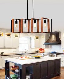 4-Light Kitchen Island Lights Pendant Light Farmhouse Dining Room Light Fixture, Rustic Wood And Black Metal Rectangular Chandelier, Hanging Lighting For Living Room,Conference Room, Home Office - CJDS