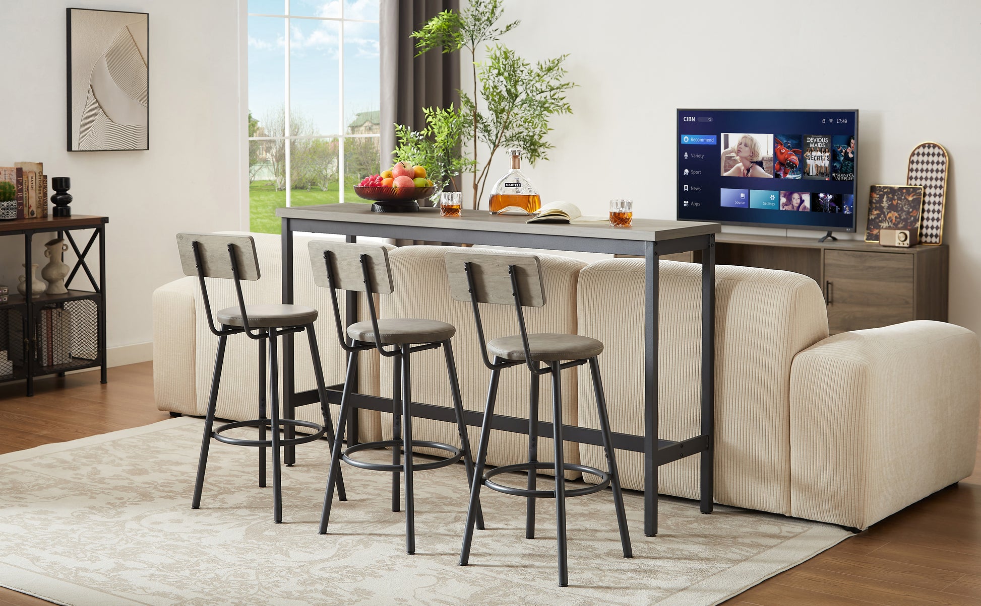 Long Bar Table Set With 3 PU Upholstered Bar Stools, Industrial Bar Table And Chairs For Kitchen Breakfast Table, Living Room, Banquet Hall, Rustic Gray And Black, 63inL X15.7 W X 37.5 H