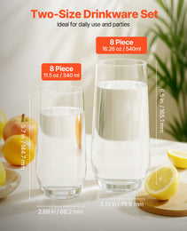 Drinking Glasses Set, 16-Piece Crystal Glass Cups, Elegant Mixed Glassware Set, With 8 Pcs 18.26 Oz Highball And 8 Pcs 11.5 Oz Cocktail Drinkware For Kitchen, Beer, Smoothie, Juice, Soda, Wine