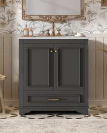 30 Luxurious Bathroom Vanity With Ceramic Sink, Bathroom Vanities Cabinet With 2 Large Soft Closing Doors, Solid Wood Frame Bathroom Storage Cabinet