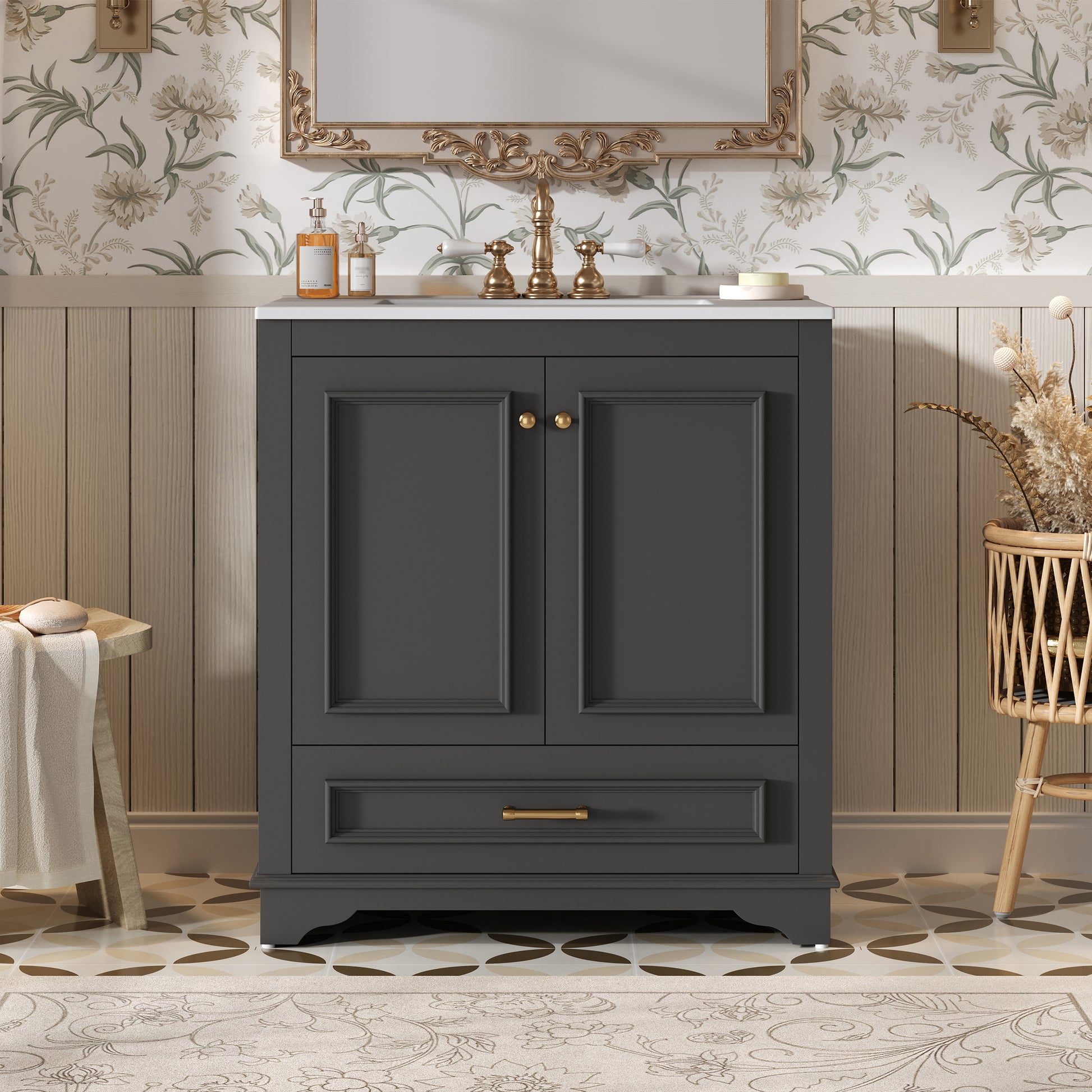 30 Luxurious Bathroom Vanity With Ceramic Sink, Bathroom Vanities Cabinet With 2 Large Soft Closing Doors, Solid Wood Frame Bathroom Storage Cabinet