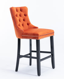 Contemporary Velvet Upholstered Barstools With Button Tufted Decoration And Wooden Legs, And Chrome Nailhead Trim, Leisure Style Bar Chairs,Bar Stools, Set Of 2 Orange,SW2002OG