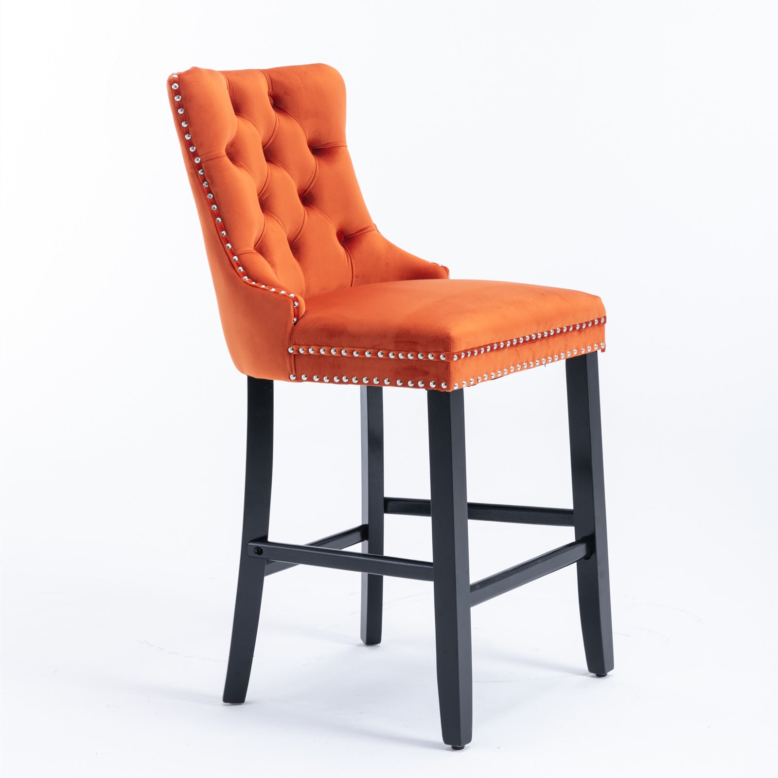 Contemporary Velvet Upholstered Barstools With Button Tufted Decoration And Wooden Legs, And Chrome Nailhead Trim, Leisure Style Bar Chairs,Bar Stools, Set Of 2 Orange,SW2002OG
