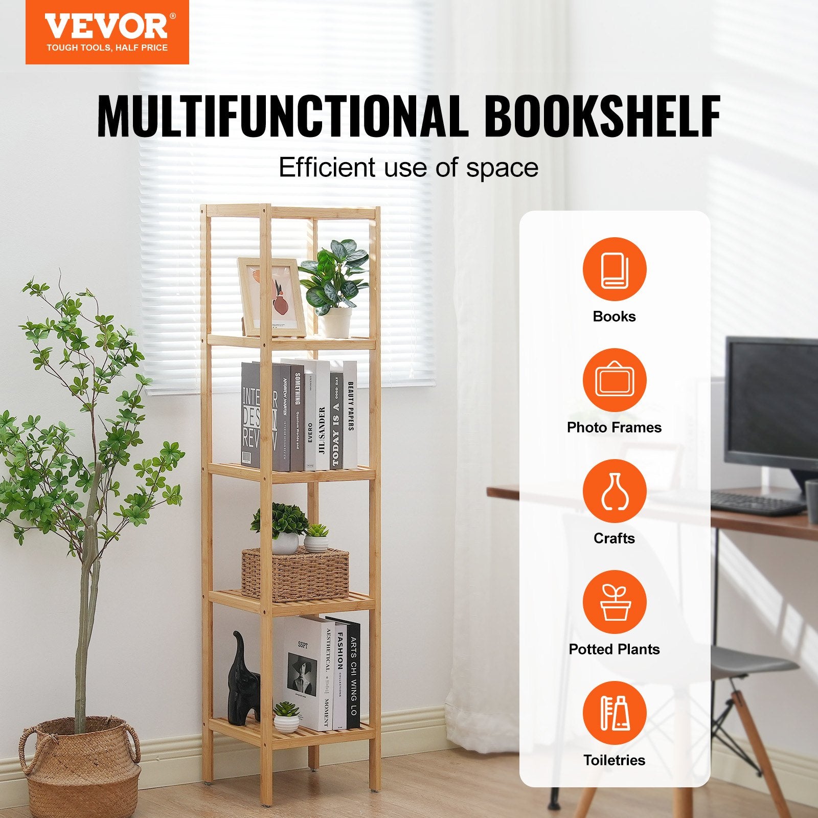 5-Tier Bathroom Standing Shelf, Narrow Shelving Unit, Display Storage Rack Organizer, Freestanding Flower Plant Stand, Multifunctional Bamboo Shelf Ideal For BathRoom, Kitchen, Home, Natural