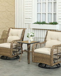 3 Piece Outdoor Bistro Set, Wicker Small Patio Furniture Set With Swivel Glider Chairs For Balcony, Porch, Beige
