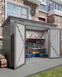 4 X 9 FT Outdoor Storage Shed, Metal Garden Shed Tool House With Sloping Roof,6 Vents And 2 Swing Doors For Backyard, Garden,Patio, Garage, Lawn, Gray