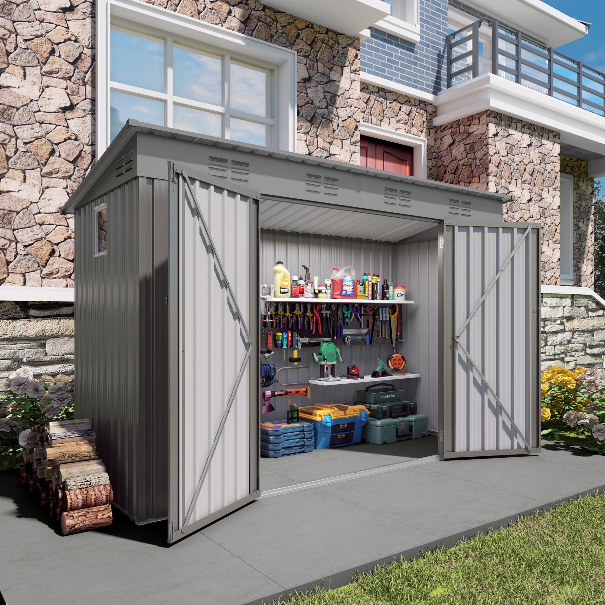 4 X 9 FT Outdoor Storage Shed, Metal Garden Shed Tool House With Sloping Roof,6 Vents And 2 Swing Doors For Backyard, Garden,Patio, Garage, Lawn, Gray