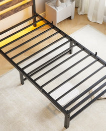 Twin Size Bed Frame Heavy Duty Platform Bed Frame With Headboard, USB Charging Station, LED Bed, No Box Spring Needed, Mattress Foundation, Strong Steel Slats, Noise Free, Brown