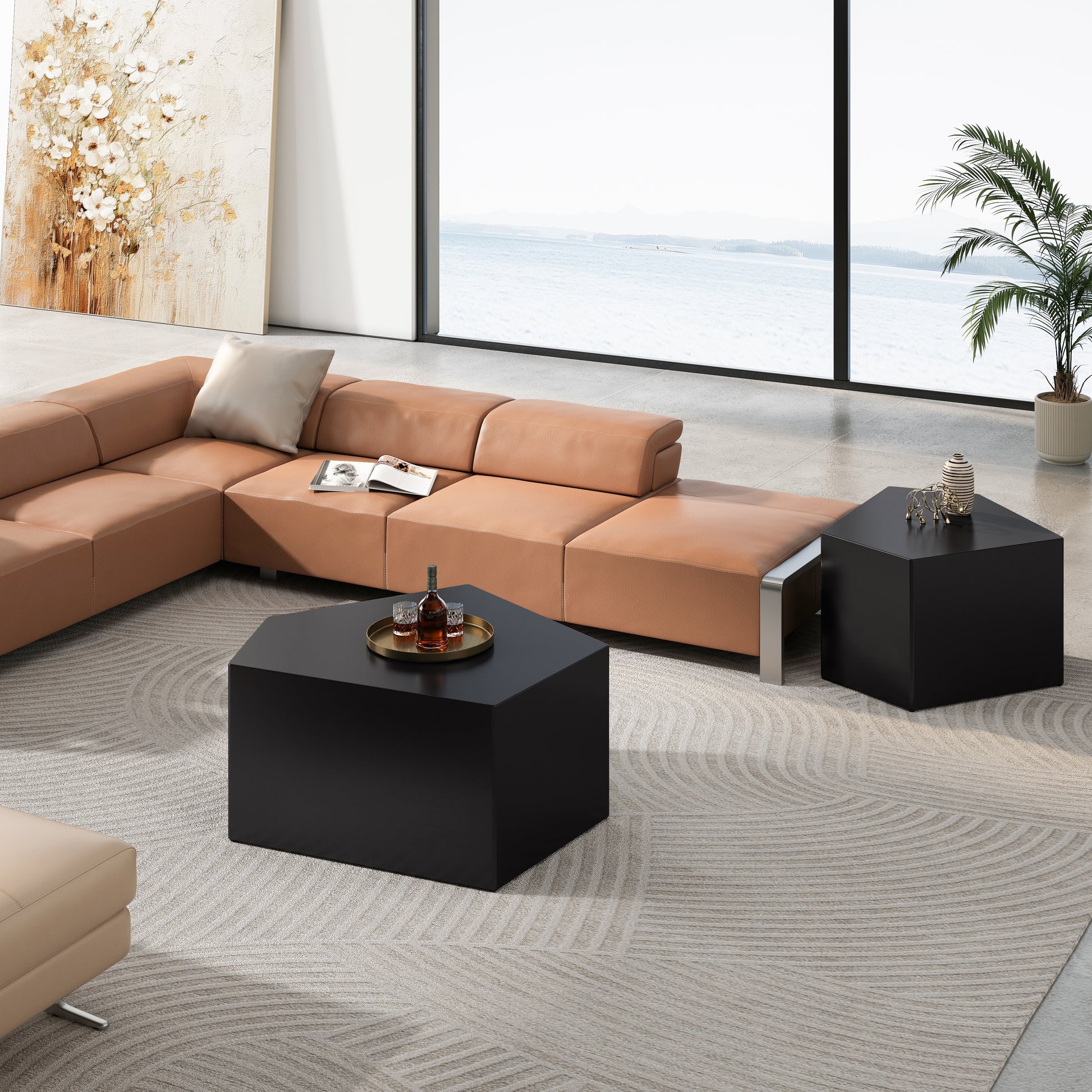 Irregular Pentagon Nesting Coffee Table Set, Geometric Coffee Table Set, Side Table Set, Cocktail Table Set, Center Table Set For Living Room, Bedroom, Black Set Of 2 Pieces