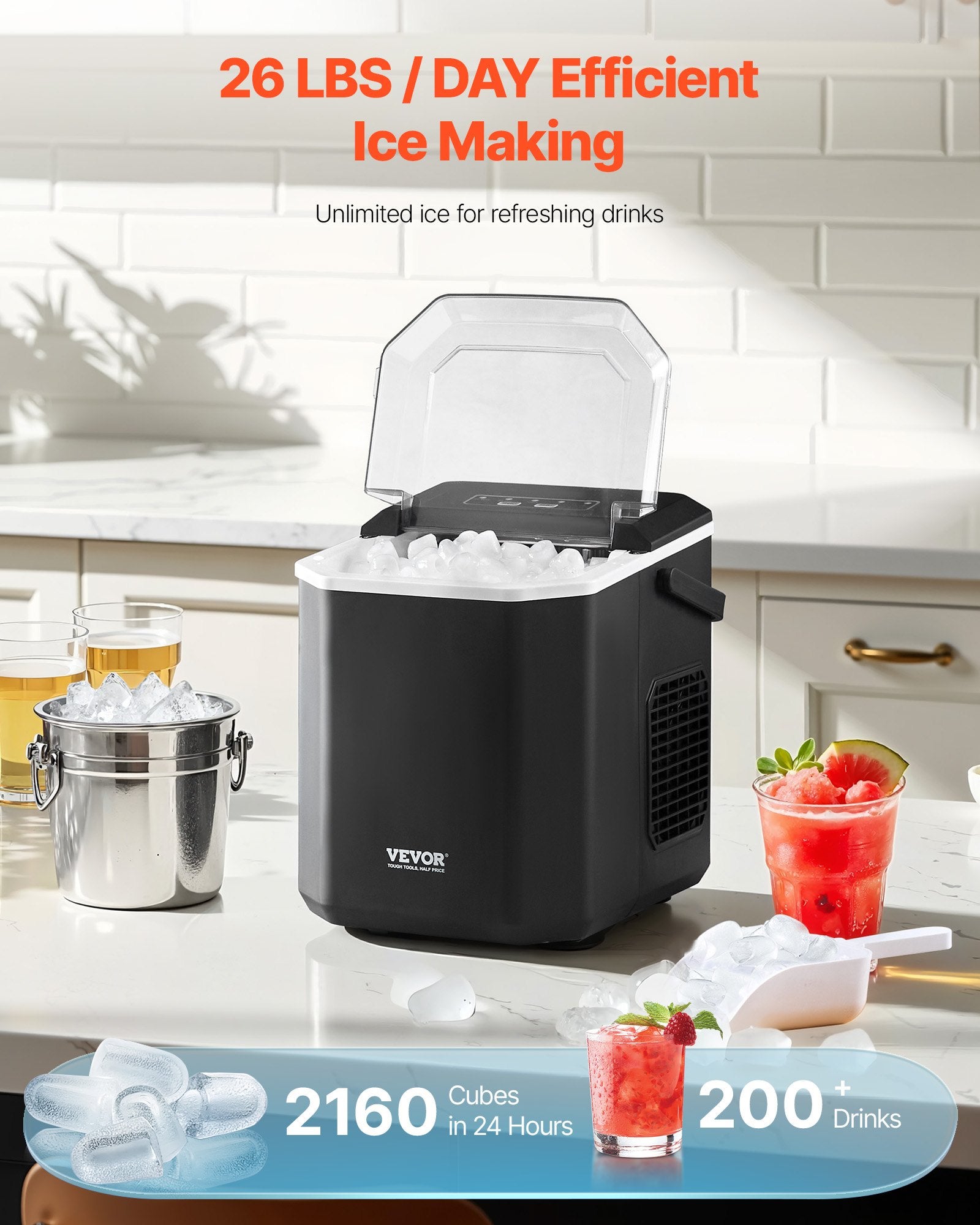 Portable Countertop Ice Maker 26Lbs/24H Self-Cleaning With Scoop Basket Home Bar