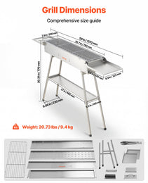 Foldable Charcoal Grill, 250 Sq.in. Portable Charcoal Barbecue Grill With Liftable Charcoal Tray & Side Tables, Brushed Stainless Steel BBQ Cooking Grills For Outdoor Camping Back Yard Parties