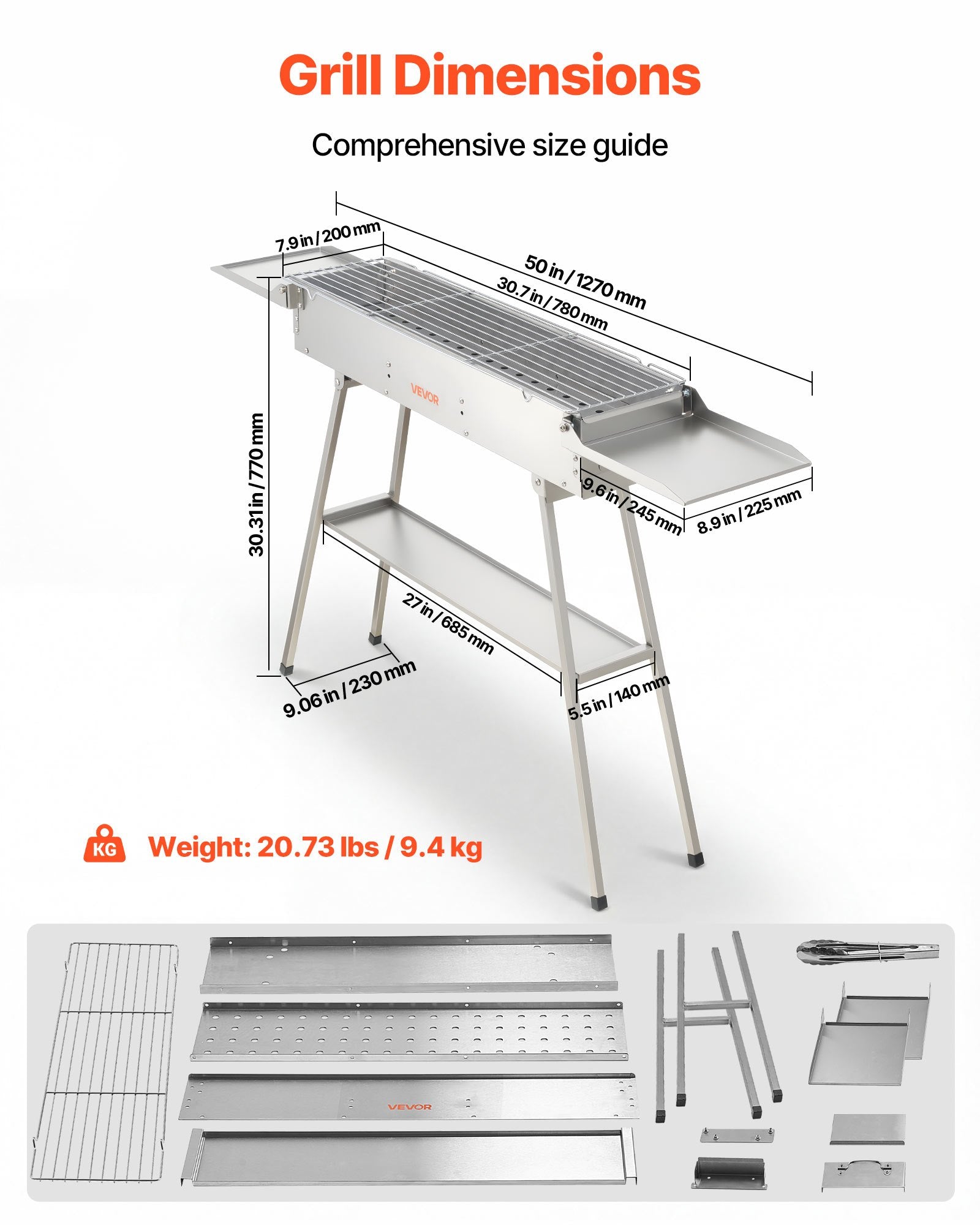 Foldable Charcoal Grill, 250 Sq.in. Portable Charcoal Barbecue Grill With Liftable Charcoal Tray & Side Tables, Brushed Stainless Steel BBQ Cooking Grills For Outdoor Camping Back Yard Parties