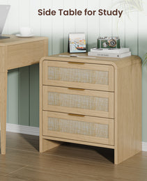 Rattan Nightstand 3 Drawers, 22.8  Wide Curved Wooden Bedside Table, Modern Storage For Bedroom, Natural Oak.
